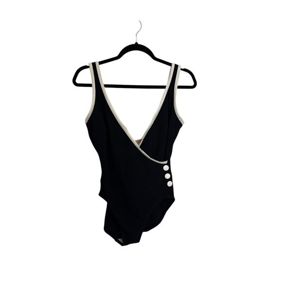 Mainstream Swimsuit Womens 14 Vintage One Piece Black Ivory Wrap V-Neck USA - Picture 1 of 5